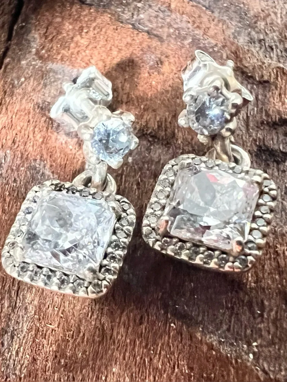 Authentic Pandora Earrings Timeless Elegance Square Drop  Clear Cz Faceted 1.5cm - Picture 3 of 10